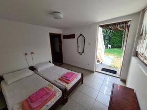 een slaapkamer met 2 bedden en een groot raam bij Vila Lekic - Srebrno jezero in Veliko Gradište