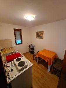 een keuken met een fornuis en een tafel in een kamer bij Vila Lekic - Srebrno jezero in Veliko Gradište