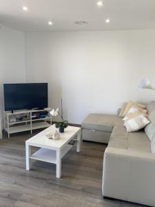 un salon avec un canapé et une télévision dans l'établissement El Velero, una terraza al mar, à Calafell