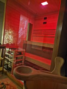 a bathroom with a toilet and a red wall at Holiday House Tina in Čabar