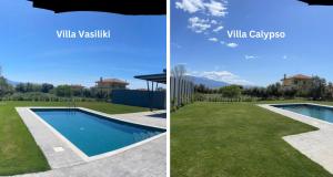 two pictures of a swimming pool and a house at Nostos Luxury Villas with Private Pool in Nafpaktos in Nafpaktos