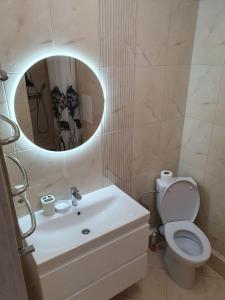 La salle de bains est pourvue d'un lavabo, de toilettes et d'un miroir. dans l'établissement Apartment na Shashkevicha 16, à Trouskavets