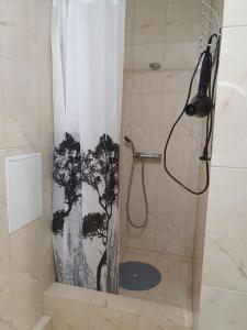 une douche avec un rideau de douche et un arbre. dans l'établissement Apartment na Shashkevicha 16, à Trouskavets