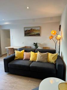 阿维尼翁Appartement de plain-pied avec jardin的客厅配有带黄色枕头的黑色沙发