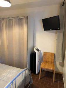 阿维尼翁Appartement de plain-pied avec jardin的一间带床、椅子和电视的卧室 更多24张照片