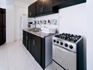 eine Küche mit schwarzen Schränken und einem Edelstahlherd in der Unterkunft Luxurious 1-Bed 1 Bath in Las Flores