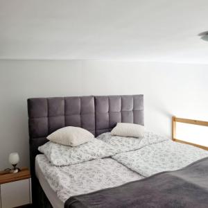 a bed with a gray headboard and two pillows at Apartamenty Green Garden in Racibórz
