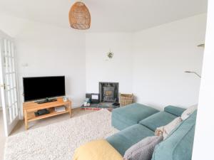 a living room with a blue couch and a tv at Awelfryn in Rhosneigr