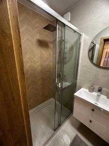 ein Badezimmer mit Dusche und Waschbecken in der Unterkunft Apartamenty Biała Grań in Zakopane