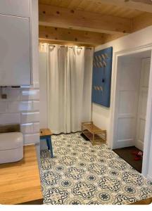 a living room with a shower and a rug at Urlaub im Grünen - Charmantes Bauernhaus in Bad Waltersdorf