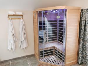 um closet com uma cabina de duche em vidro em Gite La Maisonnette em Chancelade