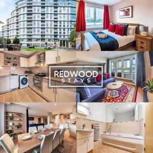 a collage of photos of a hotel room and a bedroom at Spacious 2 Bed 2 Bath Apartment, Near Train Station, FREE Parking By REDWOOD STAYS in Woking