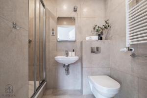 a bathroom with a toilet and a sink and a shower at Flatbook Apartamenty - Mikoszewo Dom Amber Cottage in Mikoszewo