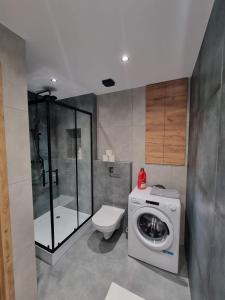 une salle de bain avec machine à laver et toilettes dans l'établissement Apartament w centrum Radomia, à Radom
