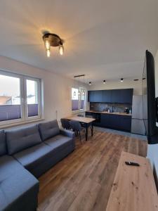 een woonkamer met een bank en een tafel bij Apartament w centrum Radomia in Radom