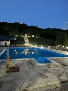a swimming pool at night with a light pole next to it at Pensiunea Mara Băile Botiza in Botiza