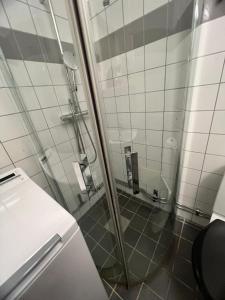 een douche met een glazen deur in de badkamer bij Home Inn KG26 in Stockholm