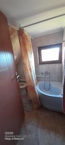 a bathroom with a tub and a toilet and a window at Cabana Mununa in Gârda de Sus