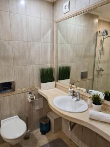 a bathroom with a sink and a toilet and a mirror at Sunrise Luxury Sauth Bay in Varna City