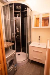 a bathroom with a shower and a sink and a washing machine at Résidence Les Portes De La Vanoise - 2 Pièces pour 6 Personnes in Villarodin-Bourget