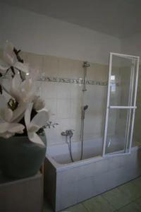 ein Badezimmer mit einer Dusche und einer Vase mit einer Blume in der Unterkunft Ferienwohnung Gundermann in Quedlinburg