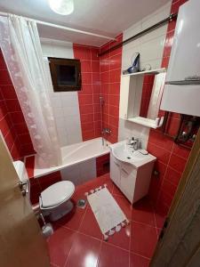 a red bathroom with a toilet and a sink at SA Apartment in Sarajevo