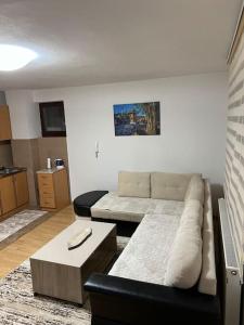 ein Wohnzimmer mit einem Sofa und einem Couchtisch in der Unterkunft SA Apartment in Sarajevo
