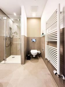a bathroom with a toilet and a shower at SI-View Doppelzimmer mit Stadtblick Zimmer 17 - Hotel in Siegen