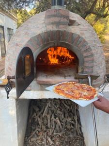 una persona sosteniendo una pizza en un horno de ladrillo en Casa del Sueño, en Álora