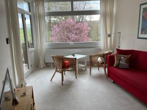 ein Wohnzimmer mit einem roten Sofa, einem Tisch und einem Fenster in der Unterkunft Koenigs Appartement mit Pool in Schluchsee