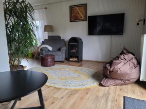 sala de estar con sofá y chimenea en Donner, en Hollenstedt