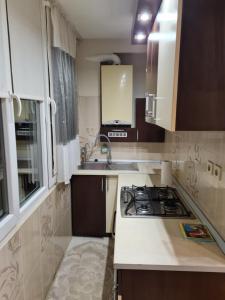 uma pequena cozinha com um fogão e um lavatório em Luxury Large Family Apartment em Zalău