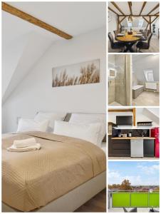a collage of pictures of a bedroom with a bed at EasyApartments stilvoll zentral Balkon Hauptbahnhof NETFLIX 130m2 in Hof