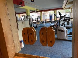 einen Fitnessraum mit Laufband und Trainingsgeräten in der Unterkunft Koenigs Appartement mit Pool in Schluchsee