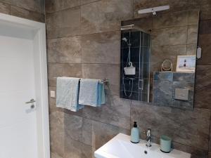 W łazience znajduje się umywalka i prysznic. w obiekcie Ruhige Einzimmerwohnung w mieście Flensburg