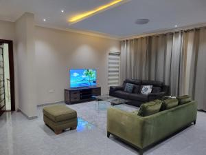 a living room with a couch and a television at Sable Suites B1, 1 Bed Apartments in Kabulonga in Lusaka