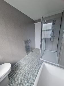 a bathroom with a shower and a toilet and a sink at Cozy 6 Bedroom HMO in Eston