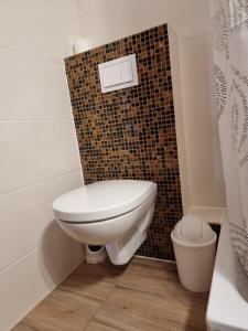a bathroom with a toilet and a tile wall at Am Park 2 in Wendtorf