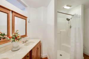 y baño blanco con lavabo y ducha. en Comfy Aptos Apartment Near Beaches and Santa Cruz!, en Aptos