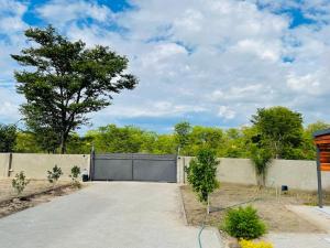 a driveway with a fence and a tree at Rocksie Apartments in Maun