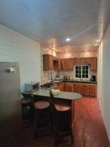 a kitchen with wooden cabinets and a table with chairs at Vacaciones en mar y naturaleza in Bastimentos