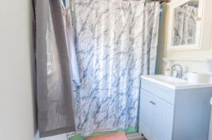 a bathroom with a shower curtain and a sink at Bungalow 1 minute from the beach suite #5 in Englewood