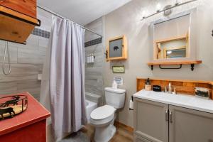 La salle de bains est pourvue de toilettes, d'un lavabo et d'une douche. dans l'établissement 'Beary Cozy Cabin' - Dogs Welcome Ellijay-HotTub, à Ellijay