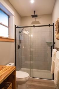 a bathroom with a shower and a toilet at Cowichan Valley Guest Cottage in Ladysmith