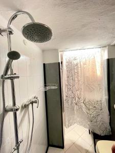 a shower with a glass door in a bathroom at bilocale 40 mt dal mare 2 piani in Rimini