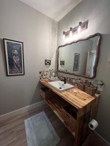 uma casa de banho com um lavatório e um espelho em Cowichan Valley Guest Cottage em Ladysmith