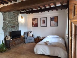 Schlafzimmer mit einem Bett, einem TV und einem Stuhl in der Unterkunft Casa Vacanze La Barca in Fiattone