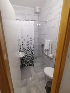 a white bathroom with a toilet and a shower at V&U Sobe in Brzi Brod