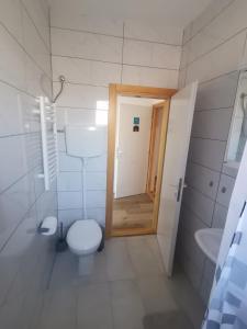 a white bathroom with a toilet and a sink at V&U Sobe in Brzi Brod