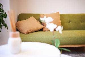 a green couch with two pillows and a flower at Plebiscito House in Castel di Sangro
